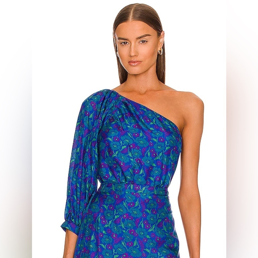 Veronica Beard Lyric Floral-print One-Shoulder Blouse Cobalt Blue Multi EUC Sz 8